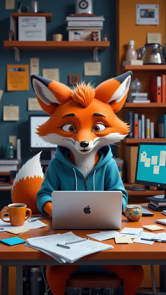 Freelance Fox, a persona-locked AI creator in a freelance work spot