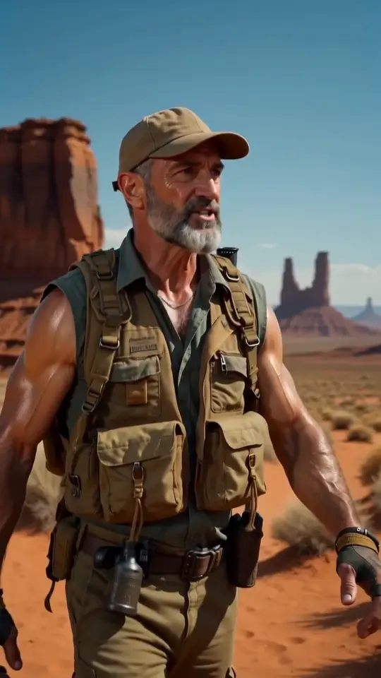 Jack Ready, an AI creator, in expedition gear in a desert landscape
