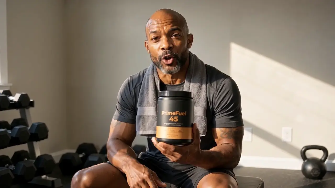 Marcus Boyd, an AI creator, holding a PrimeFuel 45 supplement tub in a home gym