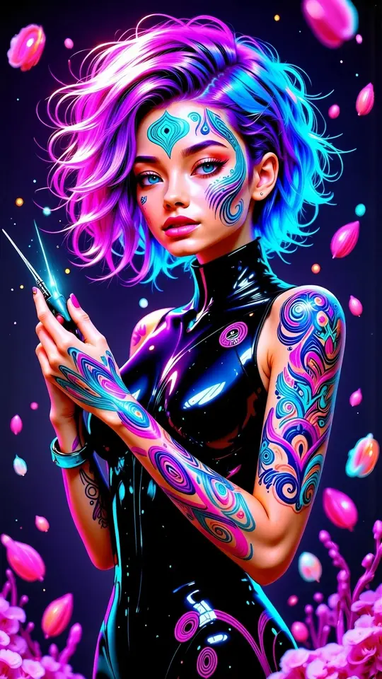 Renderella, a stylized neon avatar with tattoo work and colour-shifted hair