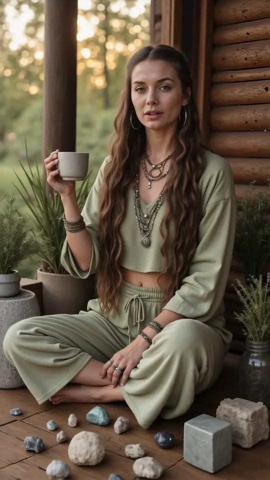 Rowa Thorne, a persona-locked AI creator in a wellness spot