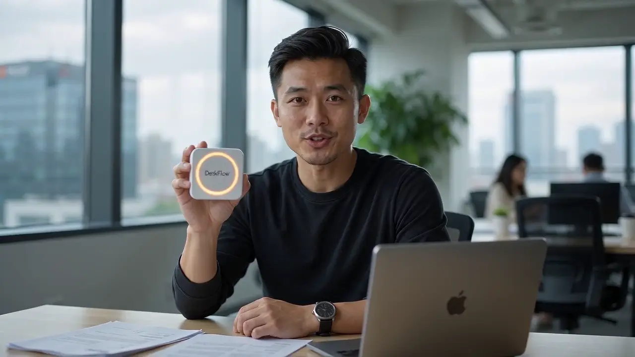 Ryan Chan, an AI creator, presenting the DeskFlow product in an office