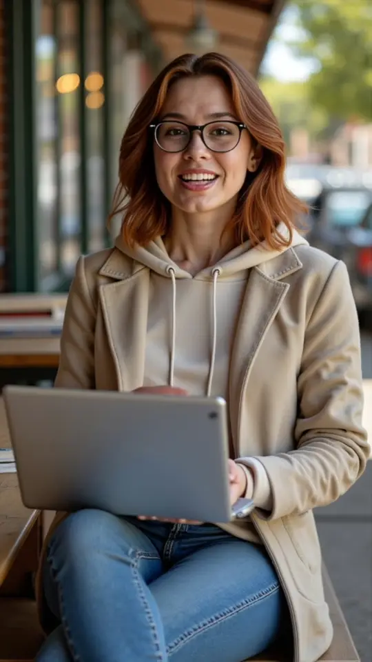 Taylor Quinn, an AI creator, working on a laptop at an outdoor cafe