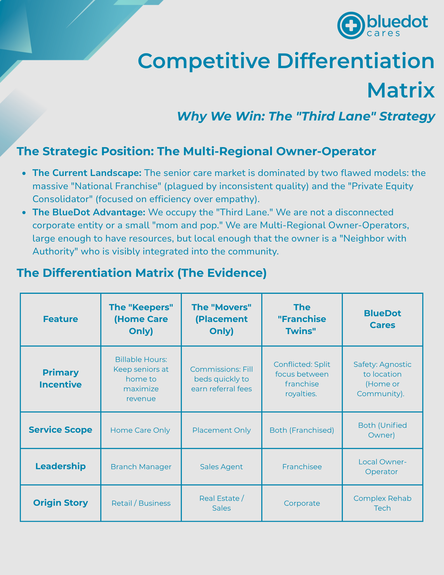 Competitive differentiation matrix mapping BlueDot Cares against category alternatives