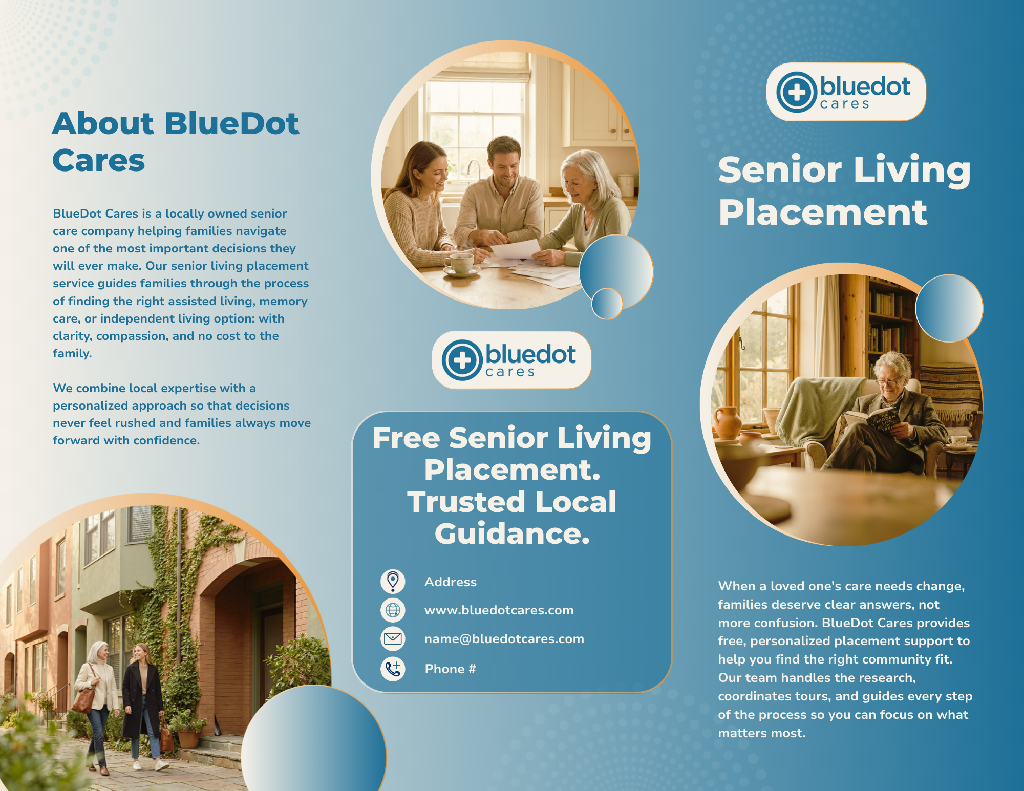 Senior placement trifold showing the brand system applied to a real deliverable