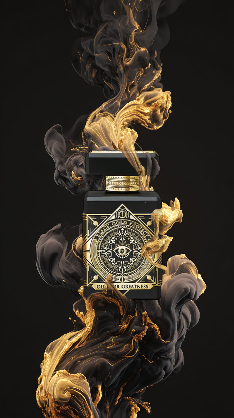 Black and gold liquid swirling upward, the fragrance visual language