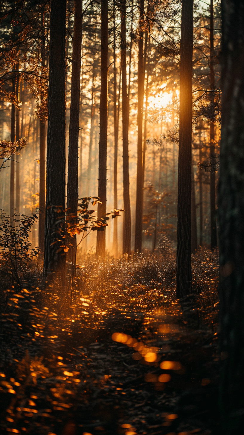 Cinematic forest at golden hour in deep browns