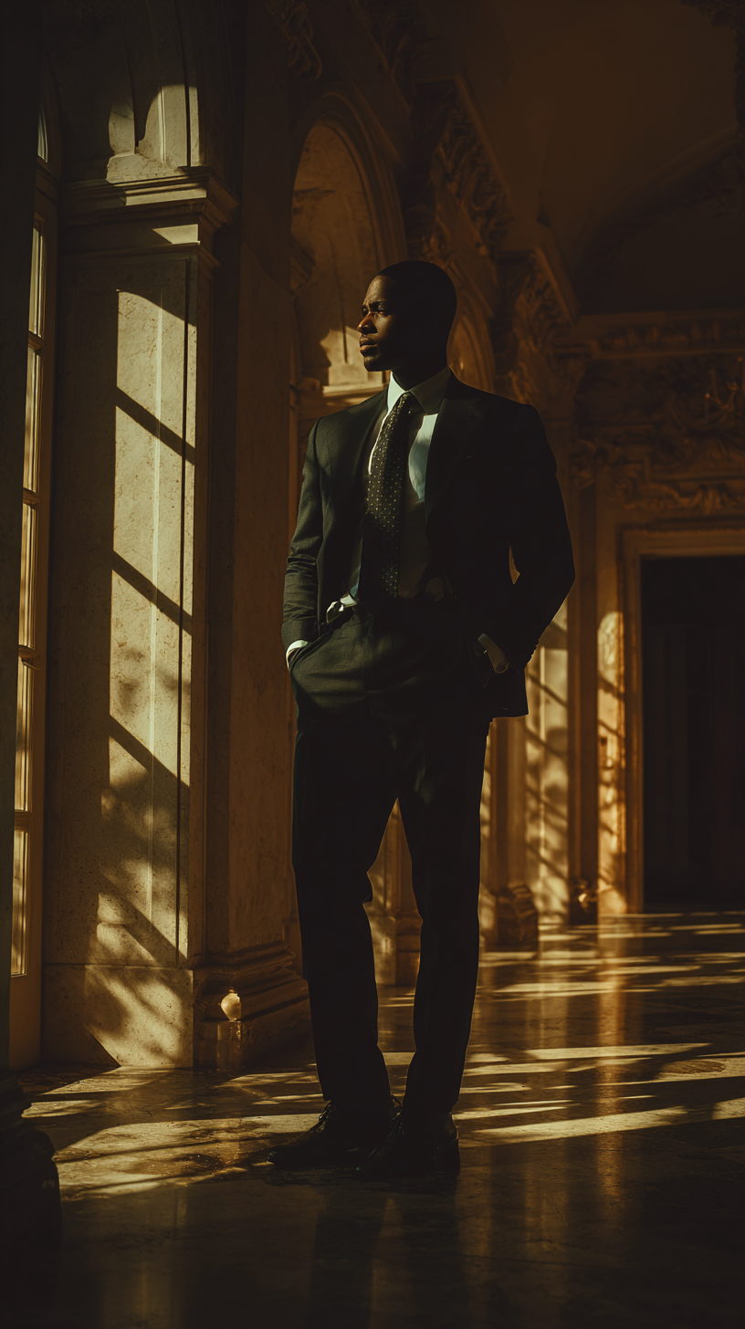 The persona framed in low, directional light