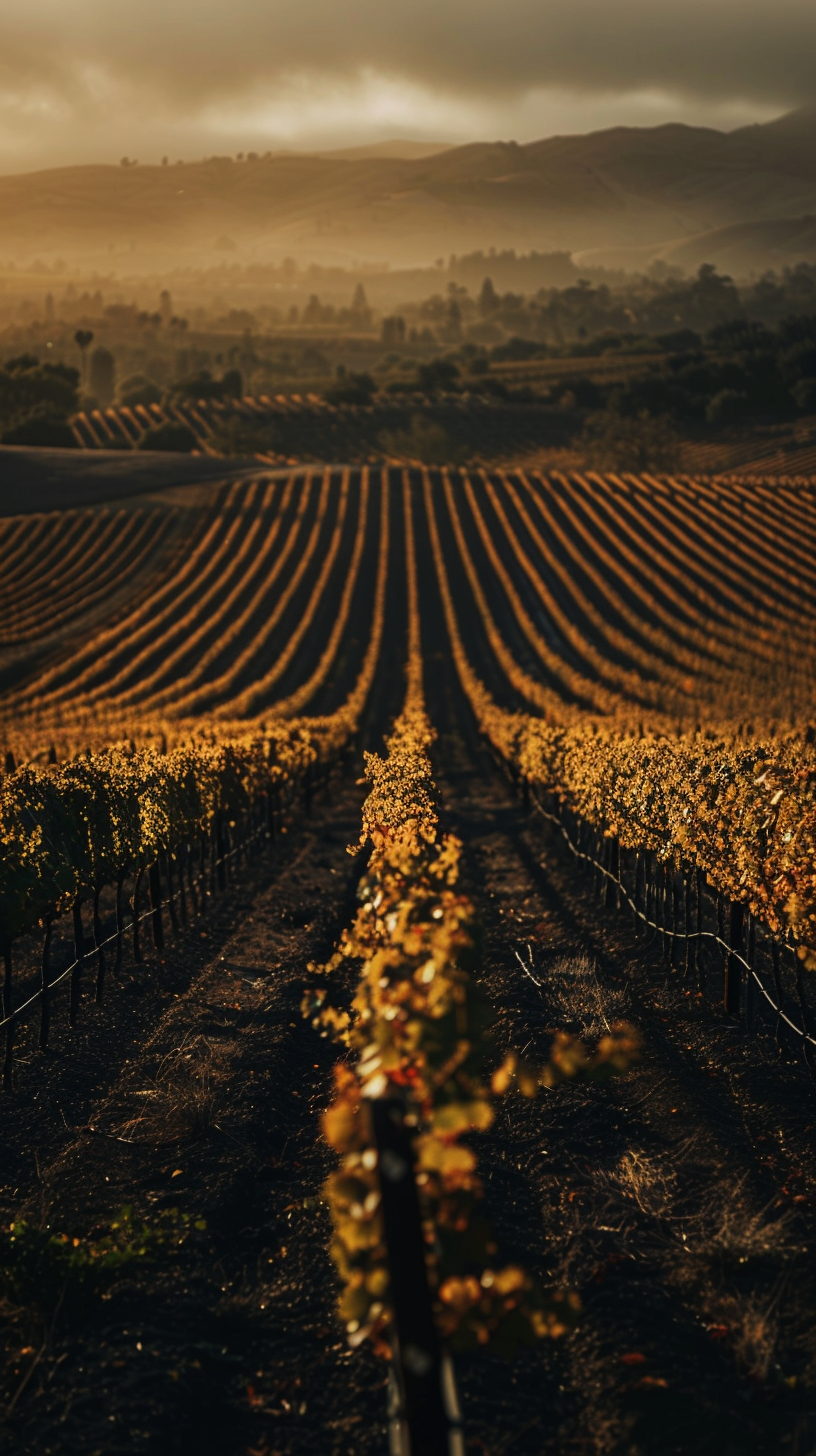 Rolling vineyard landscape at golden hour