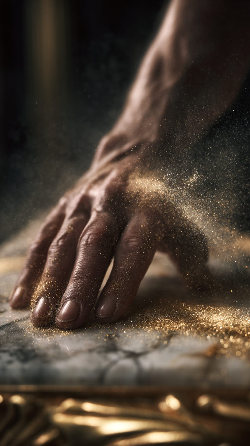 Close-up of a hand brushing across a surface