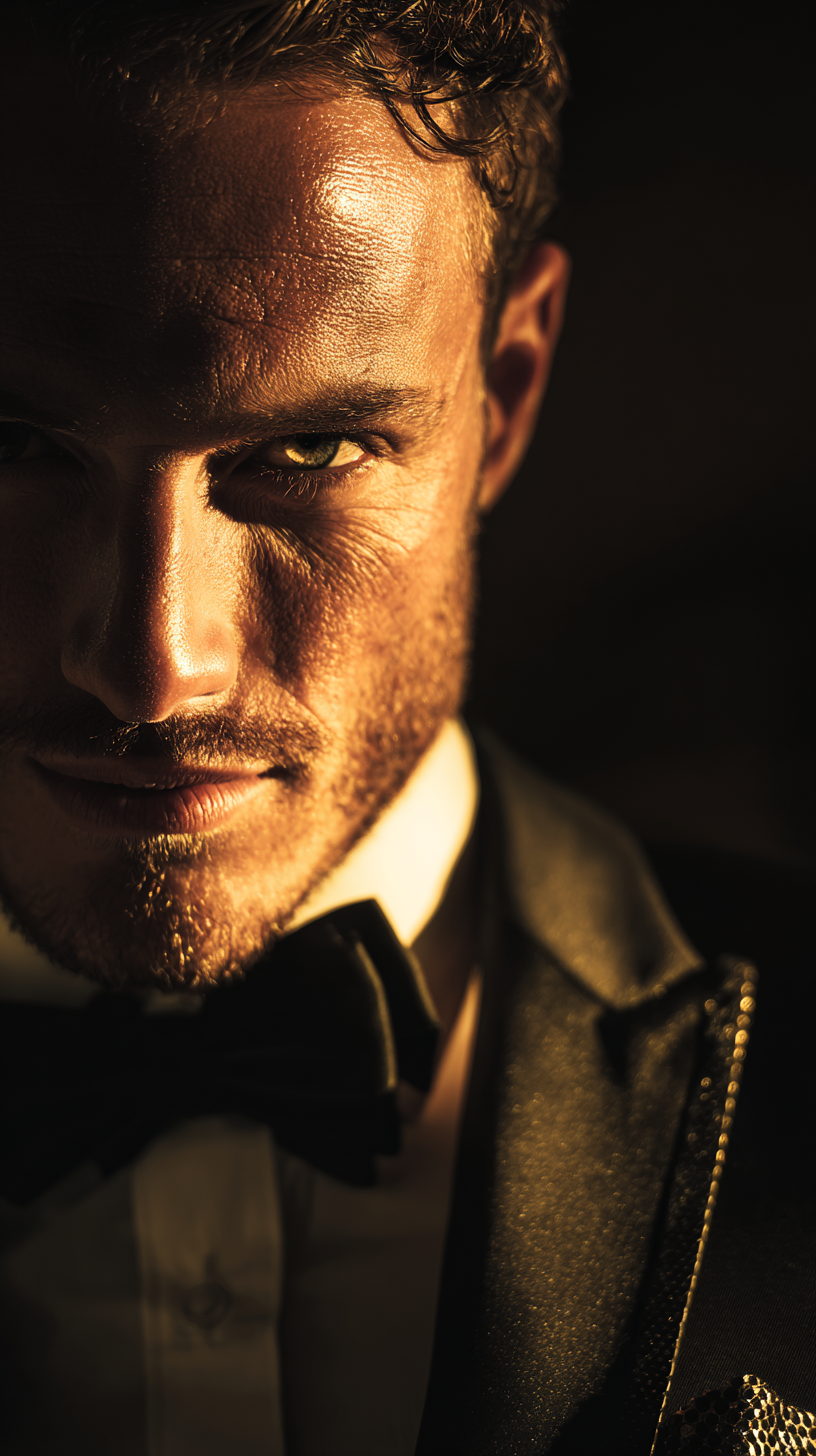 The persona revealed in a golden spotlight, sharp jaw and steady gaze